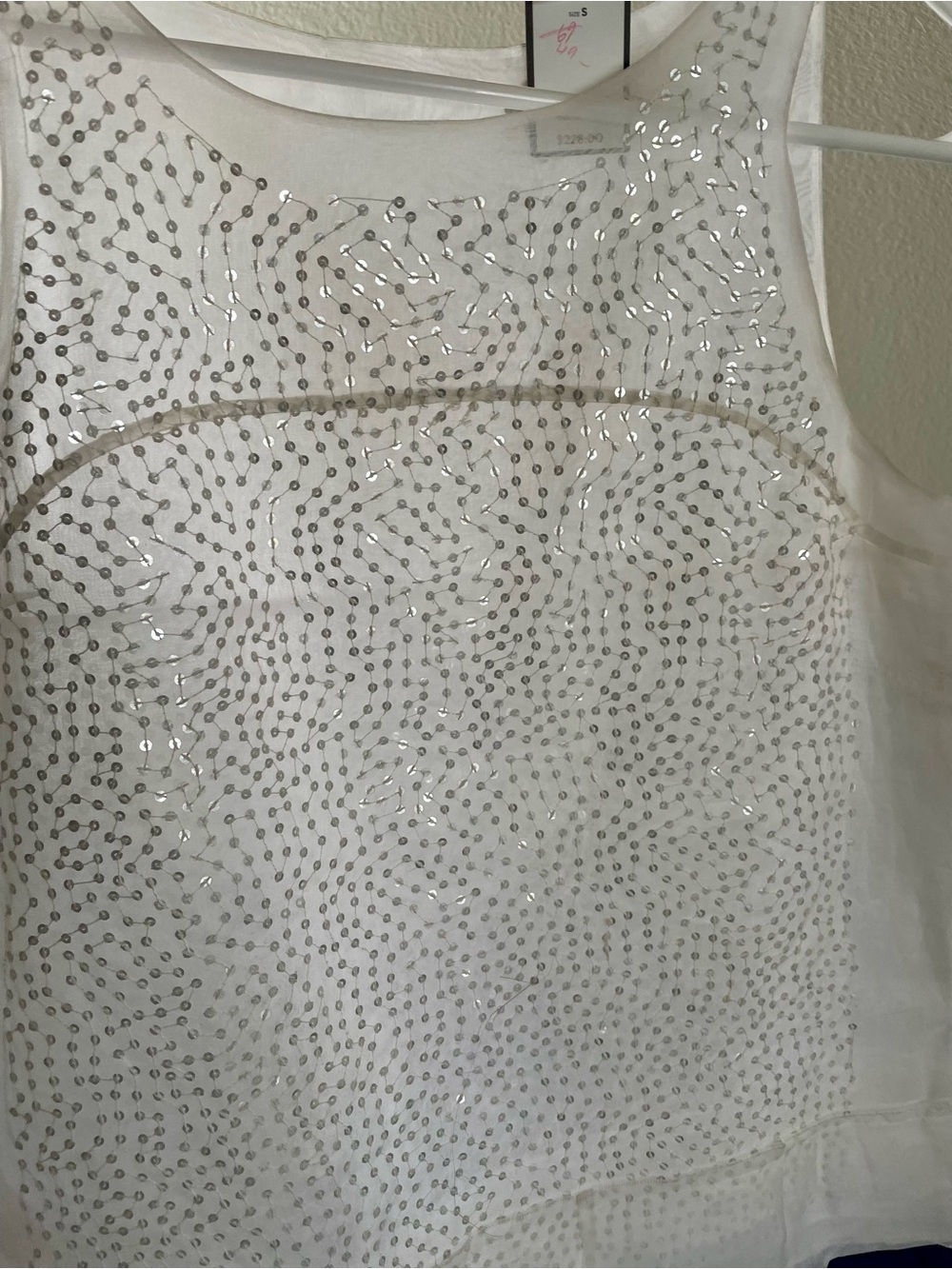 BCBGMaxAzria Light Gray Sheer Embroidered Top with White Threadwork